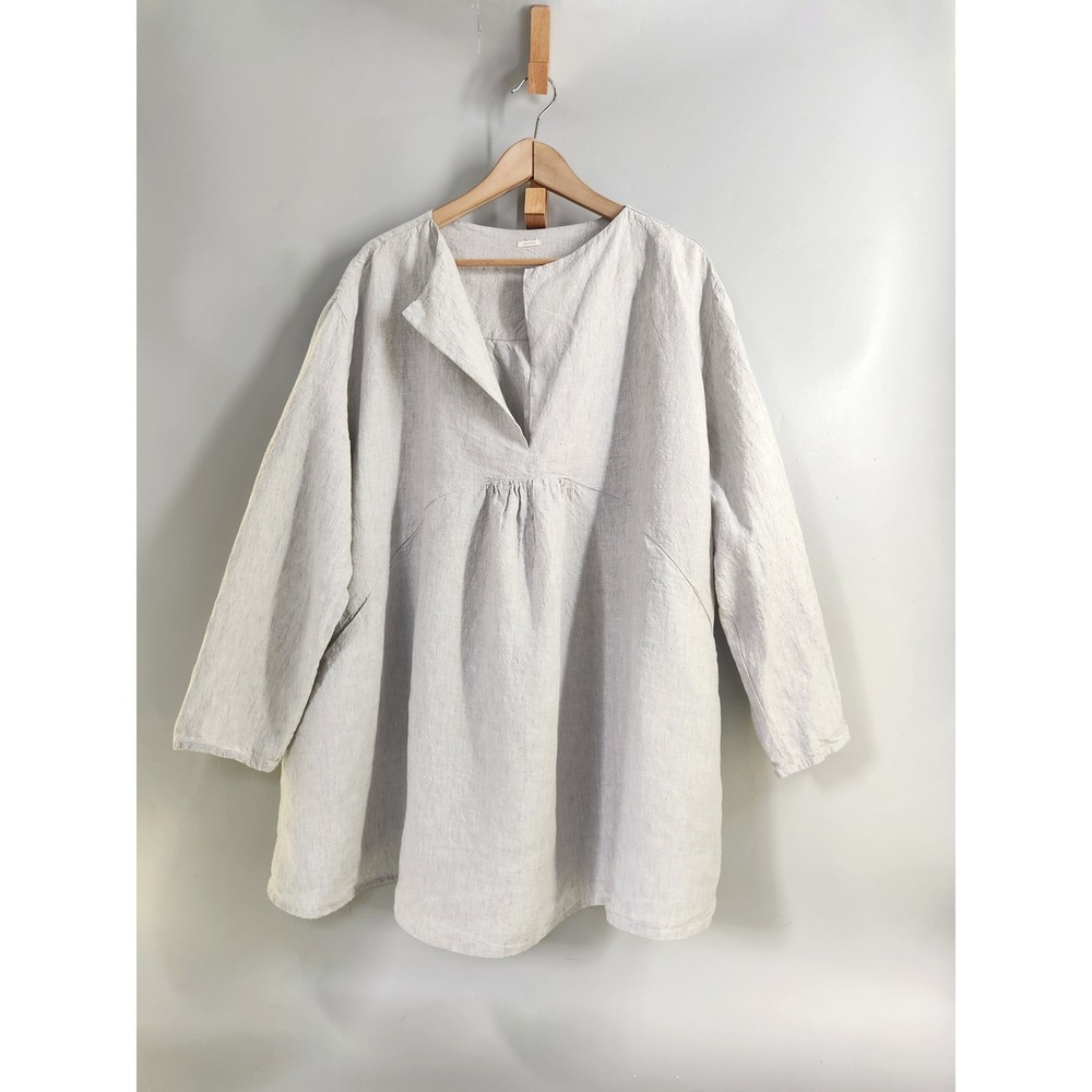 Apuntob Linen Tunic Top Women S/M Gray Italian Lagenlook Split Neck Pockets